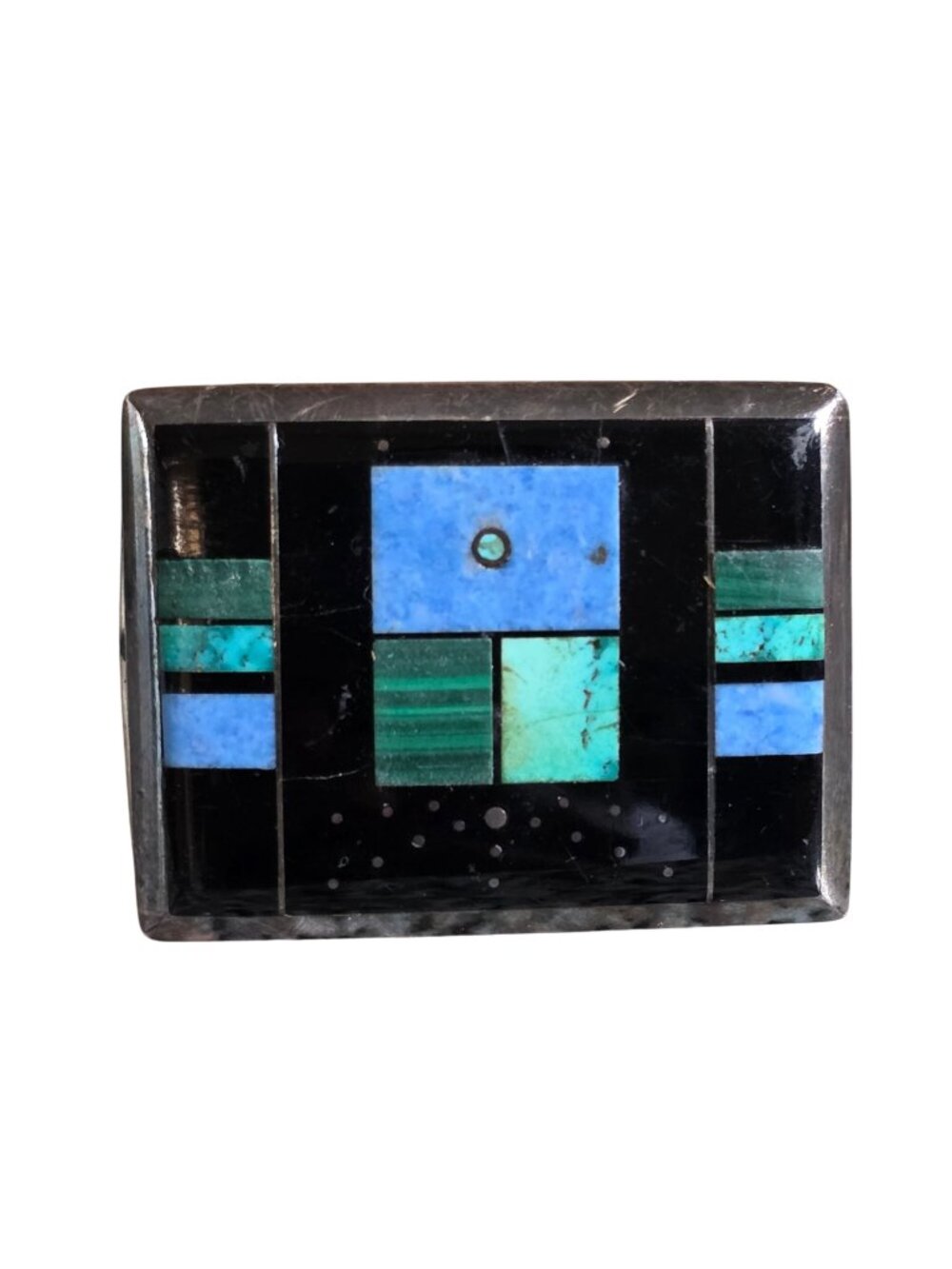 Jimmy Poyer Sterling Silver Multi Stone Inlay Zuni Belt Buckle